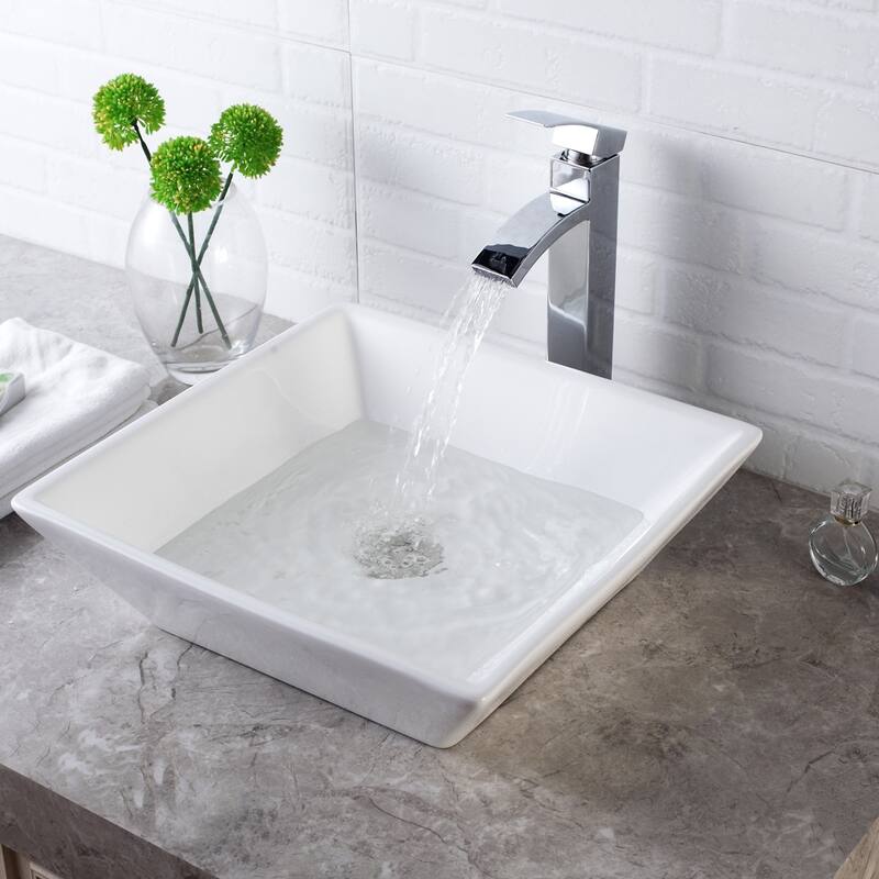 Square Ceramic Vessel Bathroom Sink in White - White