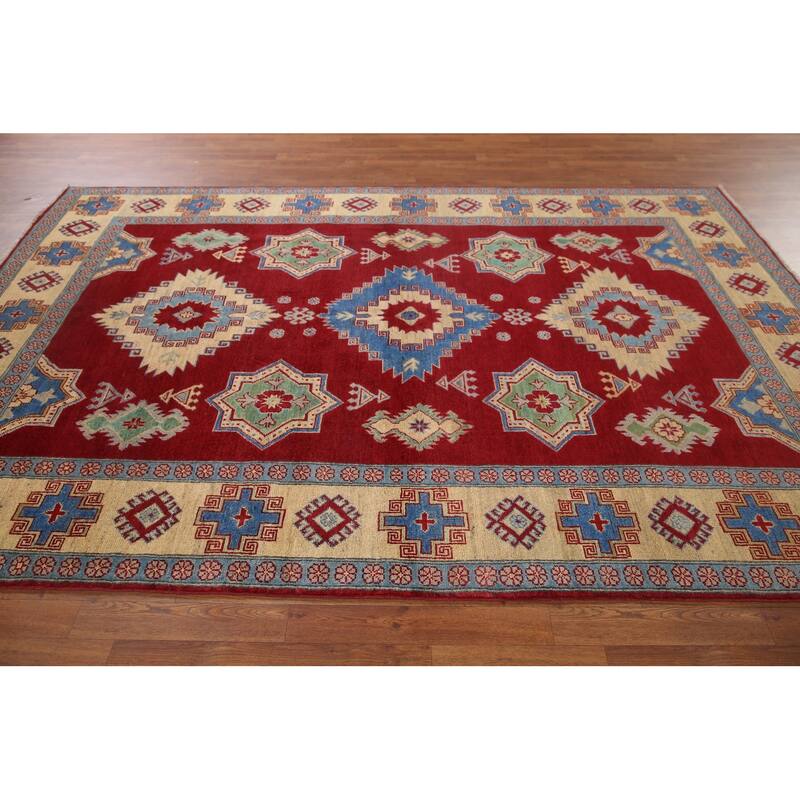Hand Knotted Oriental 100% Wool Carpet Traditional Geometric Red Kazak Area Rug - 9' 8'' X 6' 7''