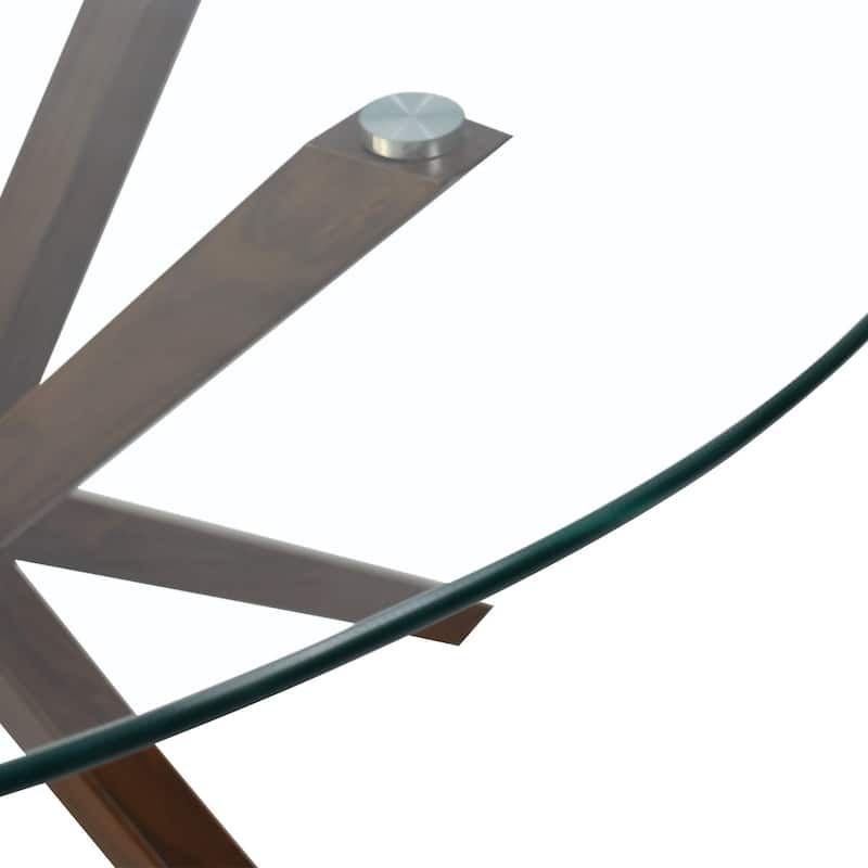 Round 39" Glass Dining Table Walnut Table Leg - 39"x30"x27"