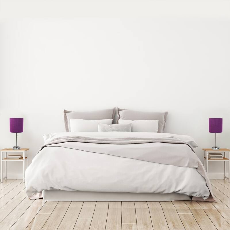 19.5 in. Brushed Steel Finish Table Lamp with Purple Shade, Durable Stick Lamp for End/Side Tables, Set of 2
