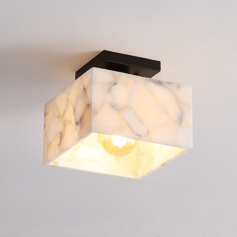 Tessa 8" 1-Light Modern Contemporary Alabaster/Iron Square LED Semi Flush Mount, White Marbling/Brass Gold by JONATHAN Y