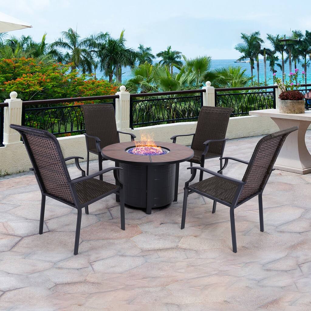 PHI VILLA 5-Piece Gas Fire Pit Table Patio Dining Set Round Gas Fire Pit Table & Rattan High-back Dining Chairs