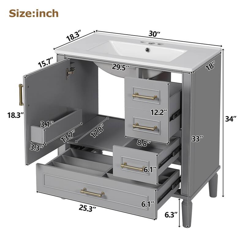 30" Freestanding Bathroom Vanity with Ceramic Sink