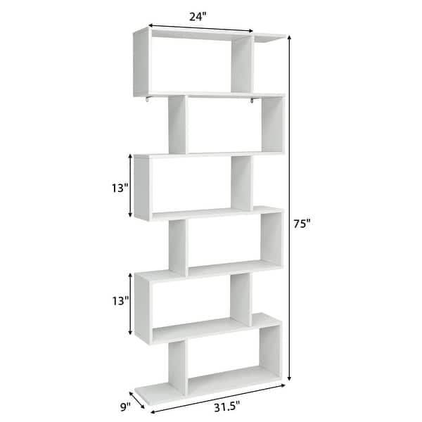 dimension image slide 2 of 3, Gymax 2 PCS 6 Tier S-Shaped Bookshelf Storage Display Bookcase Z-Shelf - 31.5'' x 9'' x 75''