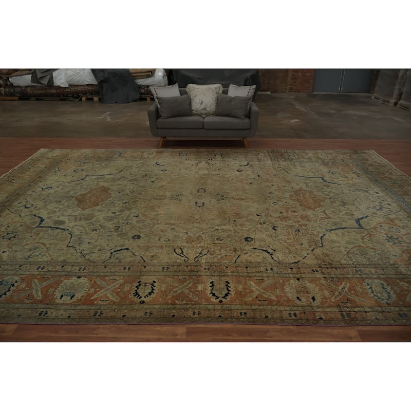 Hand Knotted Oriental 100% Wool Carpet Traditional Floral Beige & Ivories Kashan (Mohtasham) Area Rug - 16' 7'' X 12' 0''