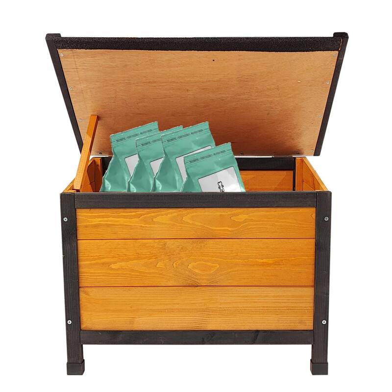 Outdoor Wooden Elevated Dog House Pet House with Storage Box, 2 Metal Bowls, Suitable for Small, Medium and Large Dogs