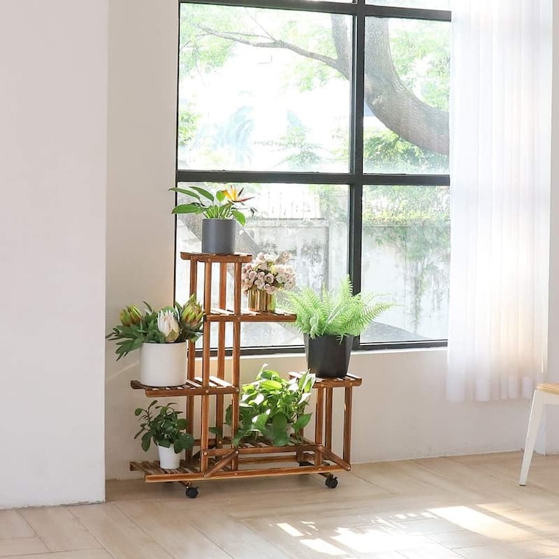 6 Tiered Wooden Plant Stand with Wheels Flowers Shelf Rolling Storage Rack
