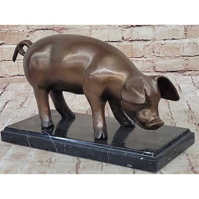 Bronze Metal Pig Sculpture Statue Figure On Marble Base Signed Art Decor Farm Animal