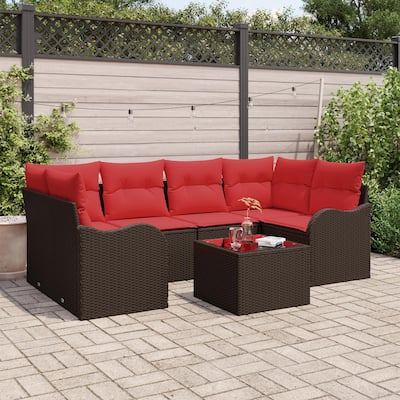 vidaXL 7 Garden Sofa Set with Cushions Black/Brown/Grey Poly Rattan - 92.1 x 48.2 x 27.2