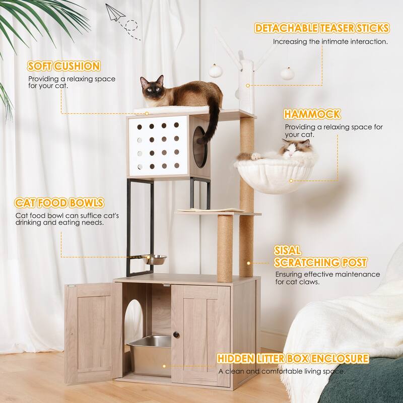 Cat Tree with Litter Box Enclosure - Modern Cat Condo with Scratching Posts, Feeding Bowl & Removable Pompom Sticks - White+gray