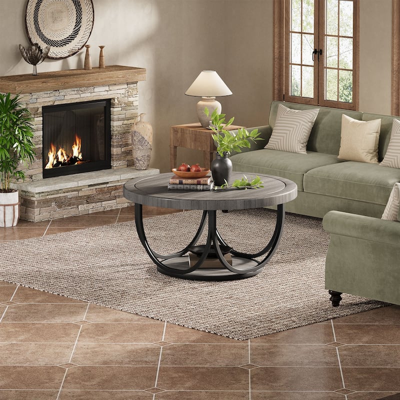 2-Tier Round Coffee Tables for Living Room, 31.5" Wooden Circle Accent Cocktail Table with Shelf - 35.4"L x 35.4"W x 17.3"H