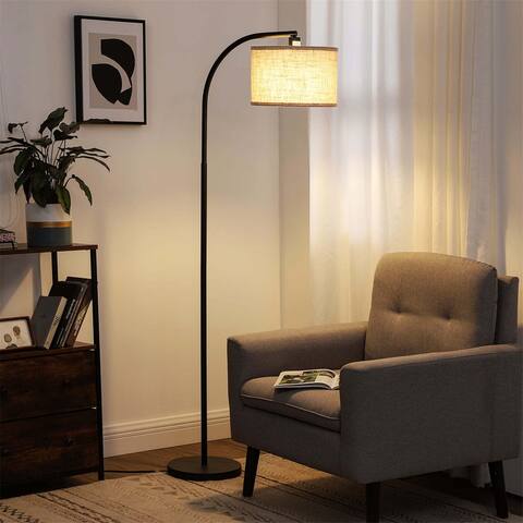 Modern Black Arched Floor Lamp with Beige Linen Shade