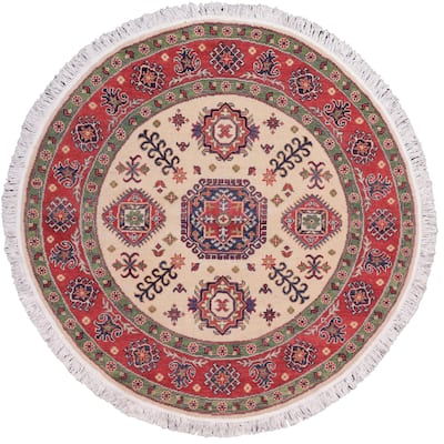 Southwestern Kazak Jakobe Natural/Red Wool Round - 4'9'' x 4'11''