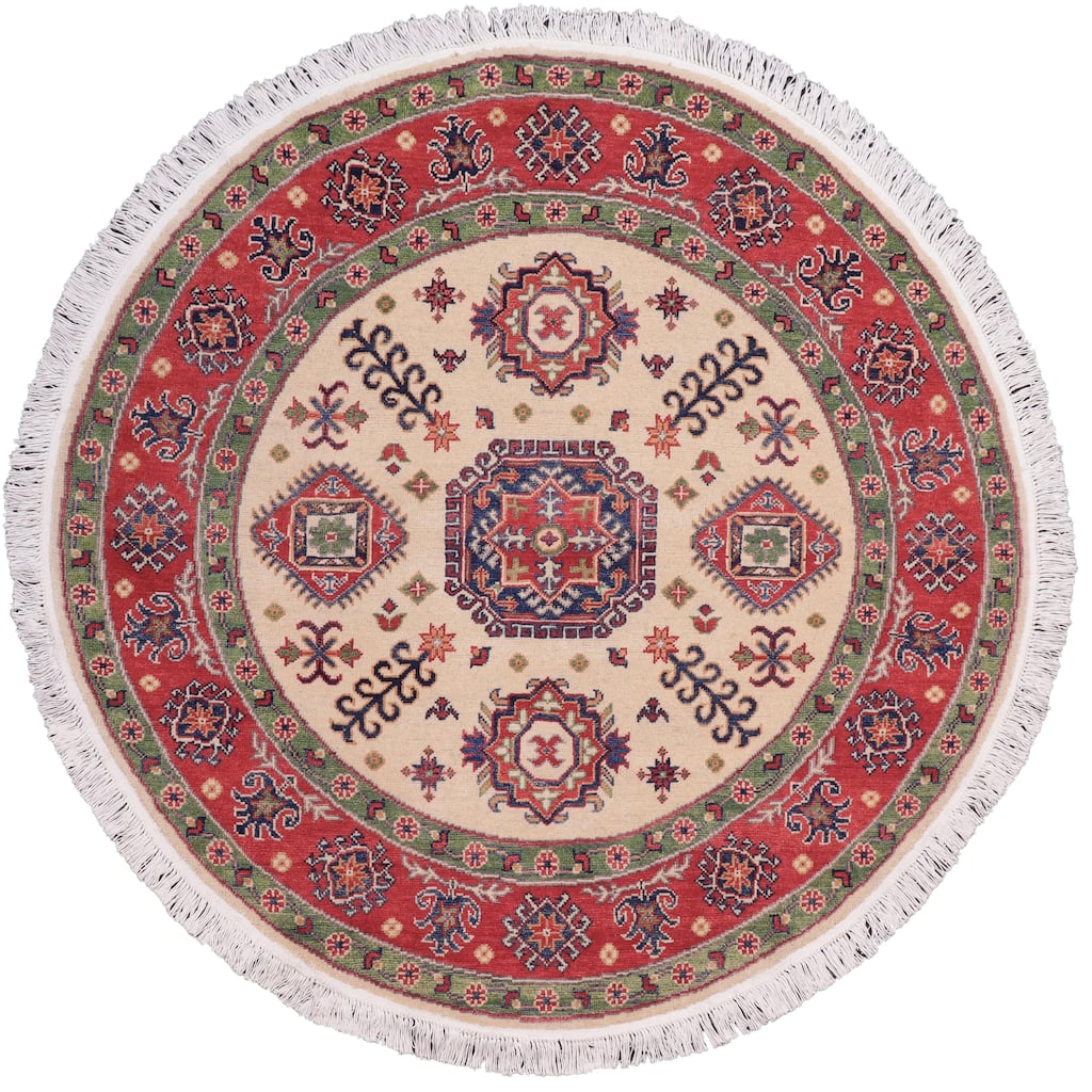 Southwestern Kazak Jakobe Natural/Red Wool Round - 4'9'' x 4'11''