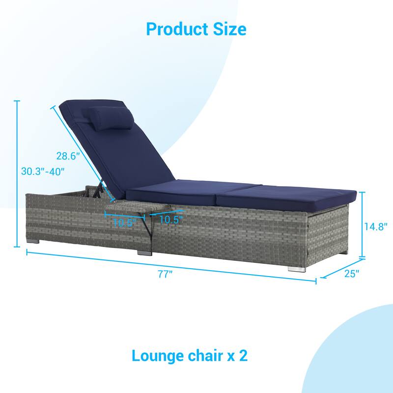 Set of 2 Outdoor Rattan Chaise Lounge with Adjustable Backrest