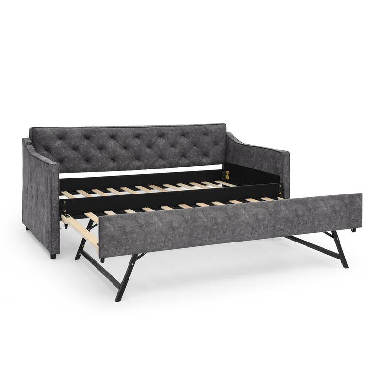 Roomfitters Twin Daybed with Pop-Up Trundle, Upholstered Sofa Bed Frame with USB Charging, Grey