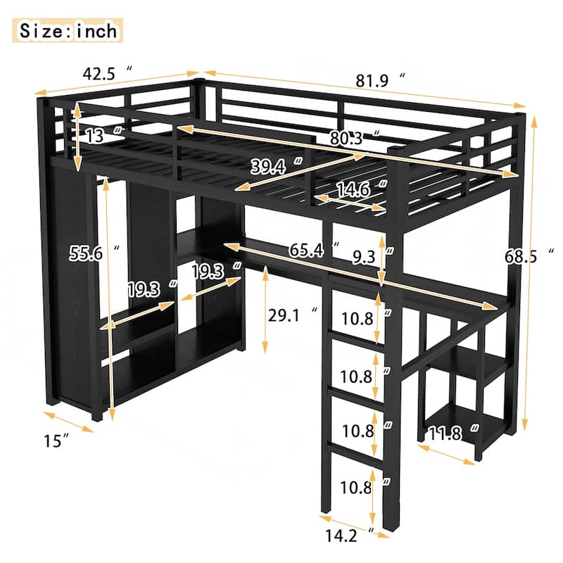Versatile Metal Loft Bed with Integrated Wardrobe