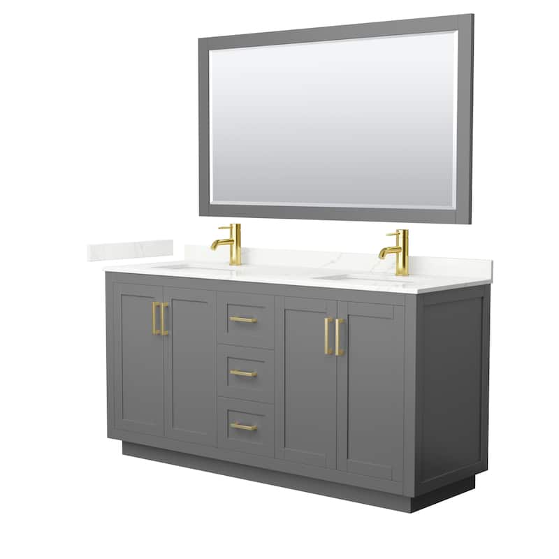 Miranda 66-inch Double Vanity, Quartz Top, 58-inch Mirror - Dark Gray, Gold Trim, Giotto Quartz Top
