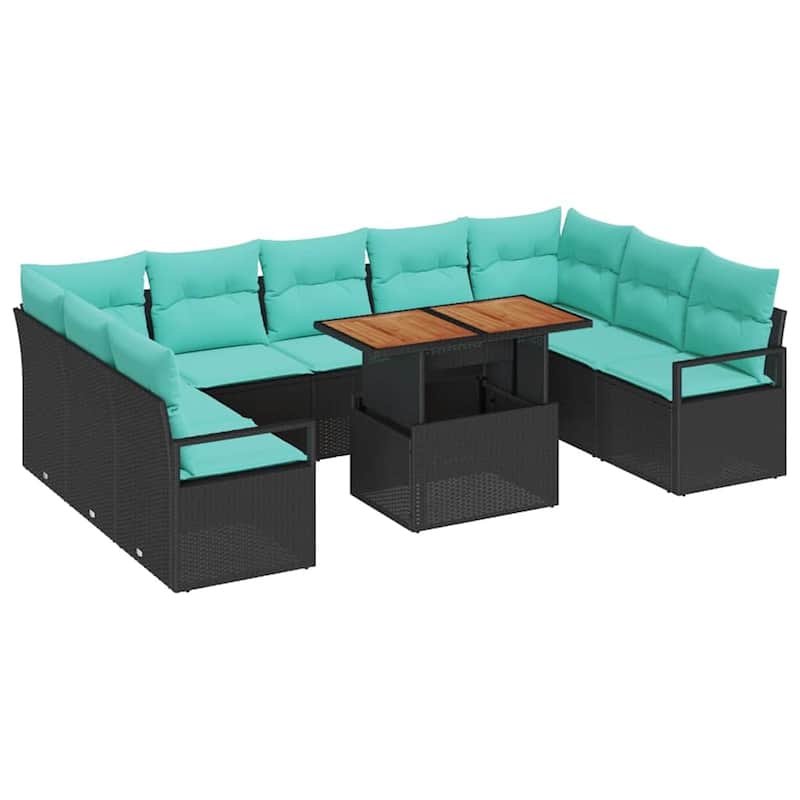 vidaXL 10 Piece Garden Sofa Set with Cushions Black Poly Rattan - 113.8×69.7×27.2