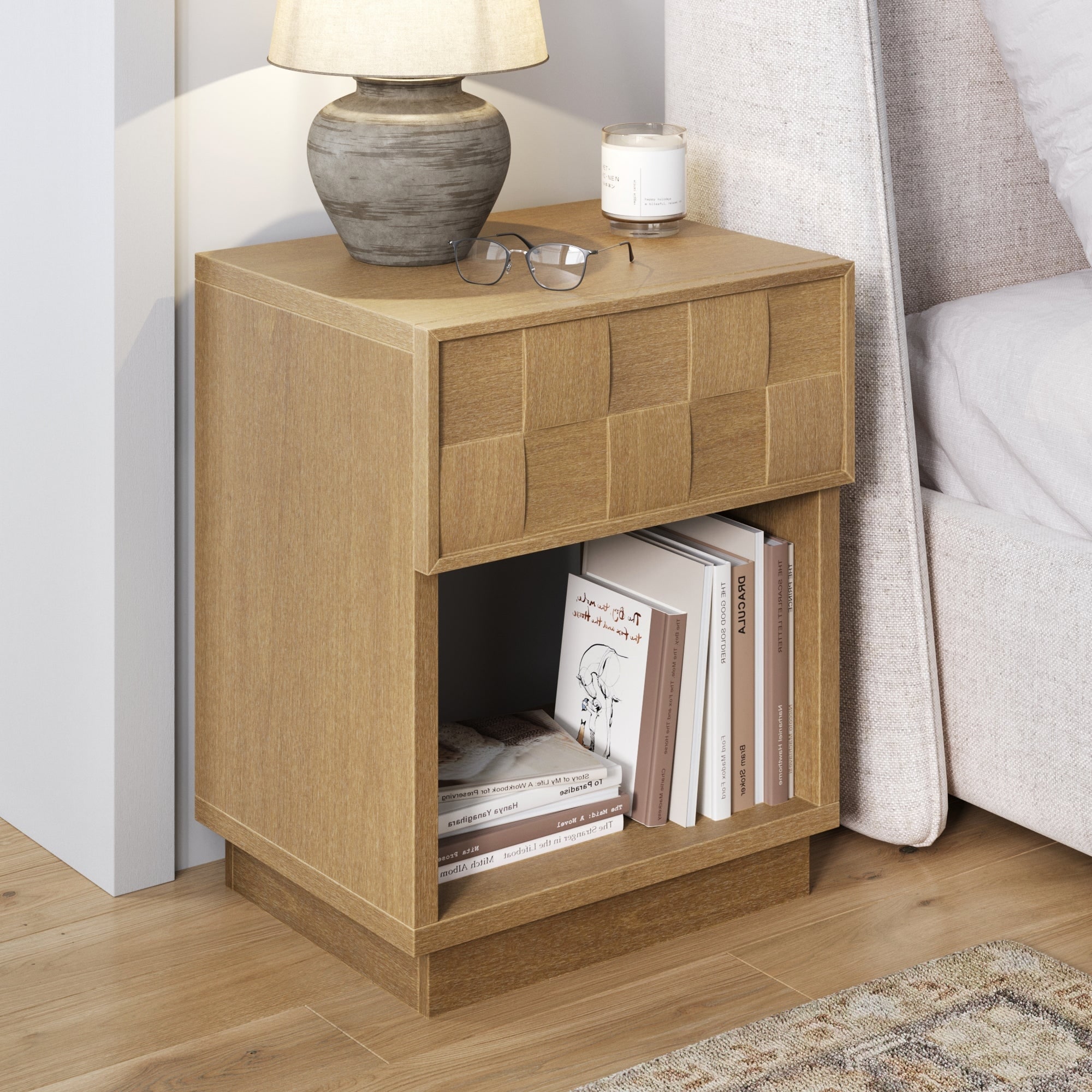 Paige Mid Century Modern Nightstand with 1 Drawer, Rustic Bedside Table with Sculpted Drawer Front and Open Bottom Shelf
