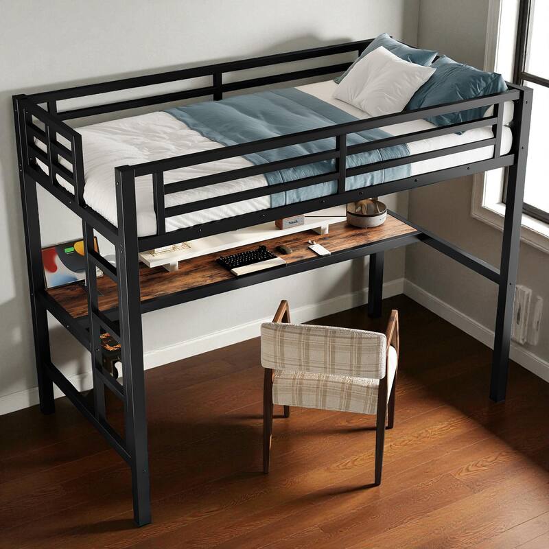 Metal Twin/Twin XL Loft Bed with Desk, Power Outlet & LED Lights, Space-Saving Noise-Free Frame for Study or Gaming Area