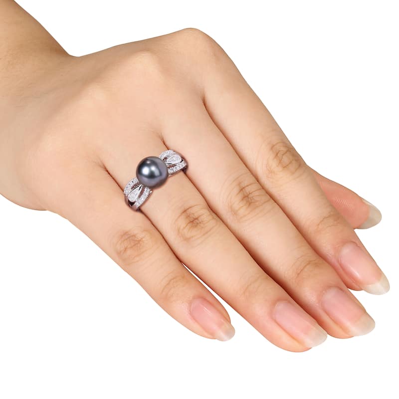 Miadora 9-9.5mm Black Tahitian Pearl and Diamond Split Shank Ring in Sterling Silver