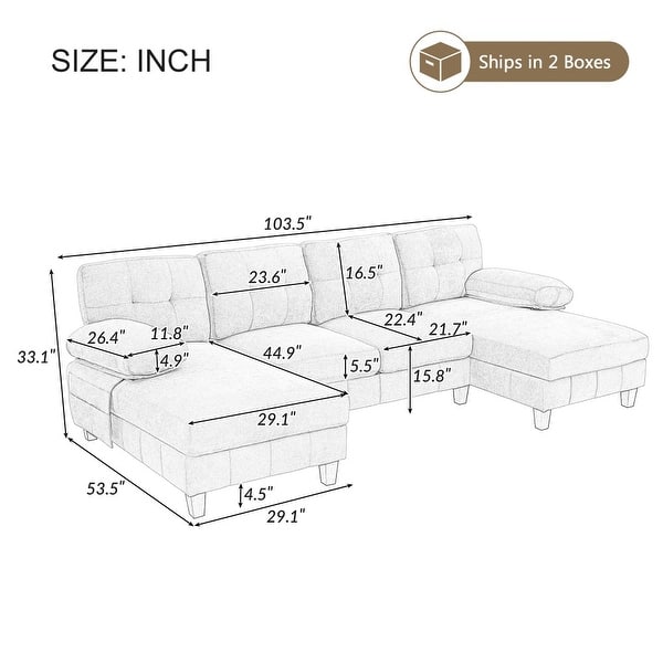 dimension image slide 1 of 2, 103.5" Modern Chenille U-shaped Sectional Sofa with Dual Chaise Lounges and Armrest Pillows