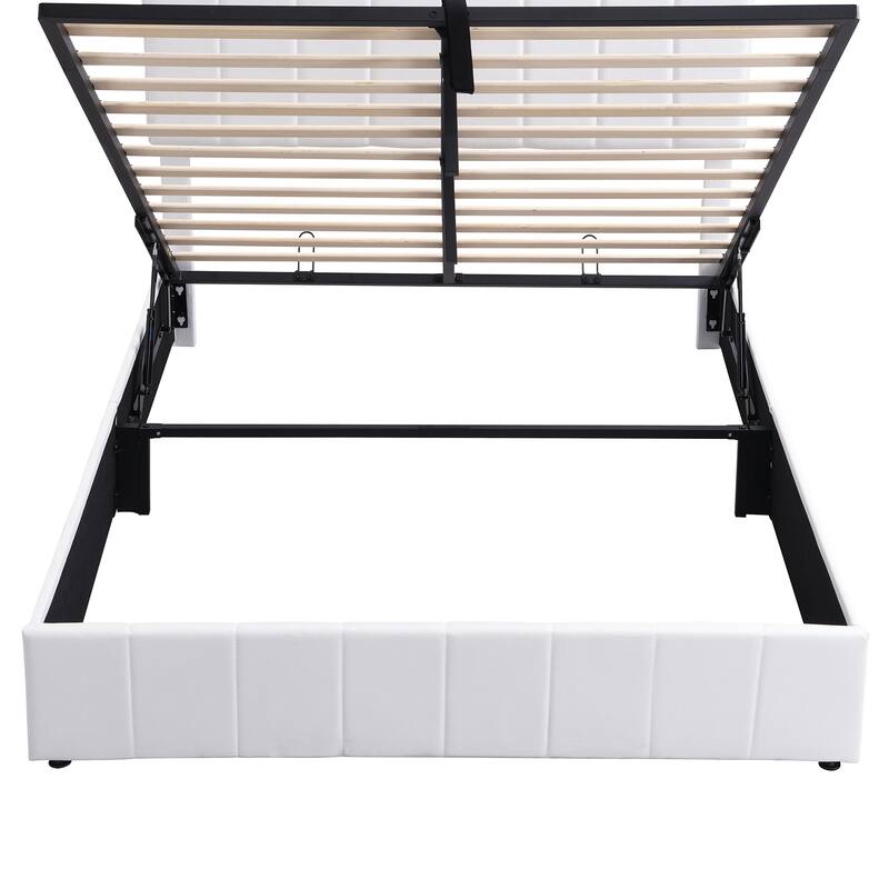 Upholstered Platform bed with a Hydraulic Storage System - White