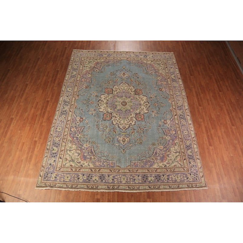 Light Blue Medallion Tabriz Persian Rug Floral Handmade Wool Carpet - 9'10"x 12'4"