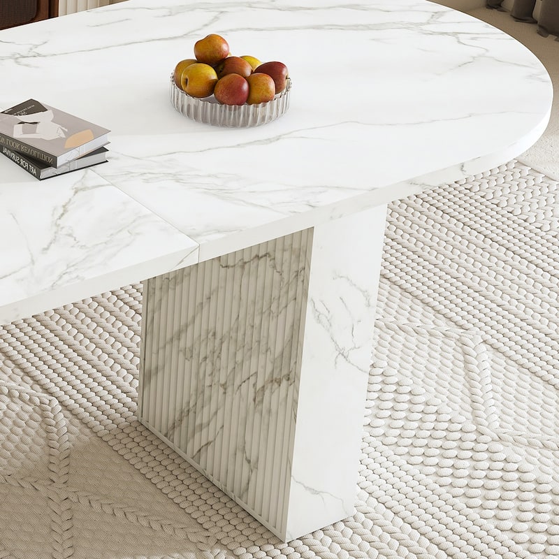 62.9 Inch Oval Dining Table for 6, Marble Top Kitchen Table with Wood Strip Base, Modern Farmhouse Dining Room Table