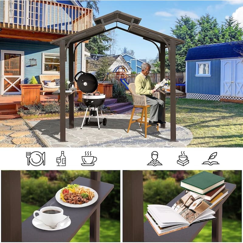 8×5FT Hardtop Grill Gazebo, Outdoor BBQ Gazebo w/Galvanized Steel Double Roof