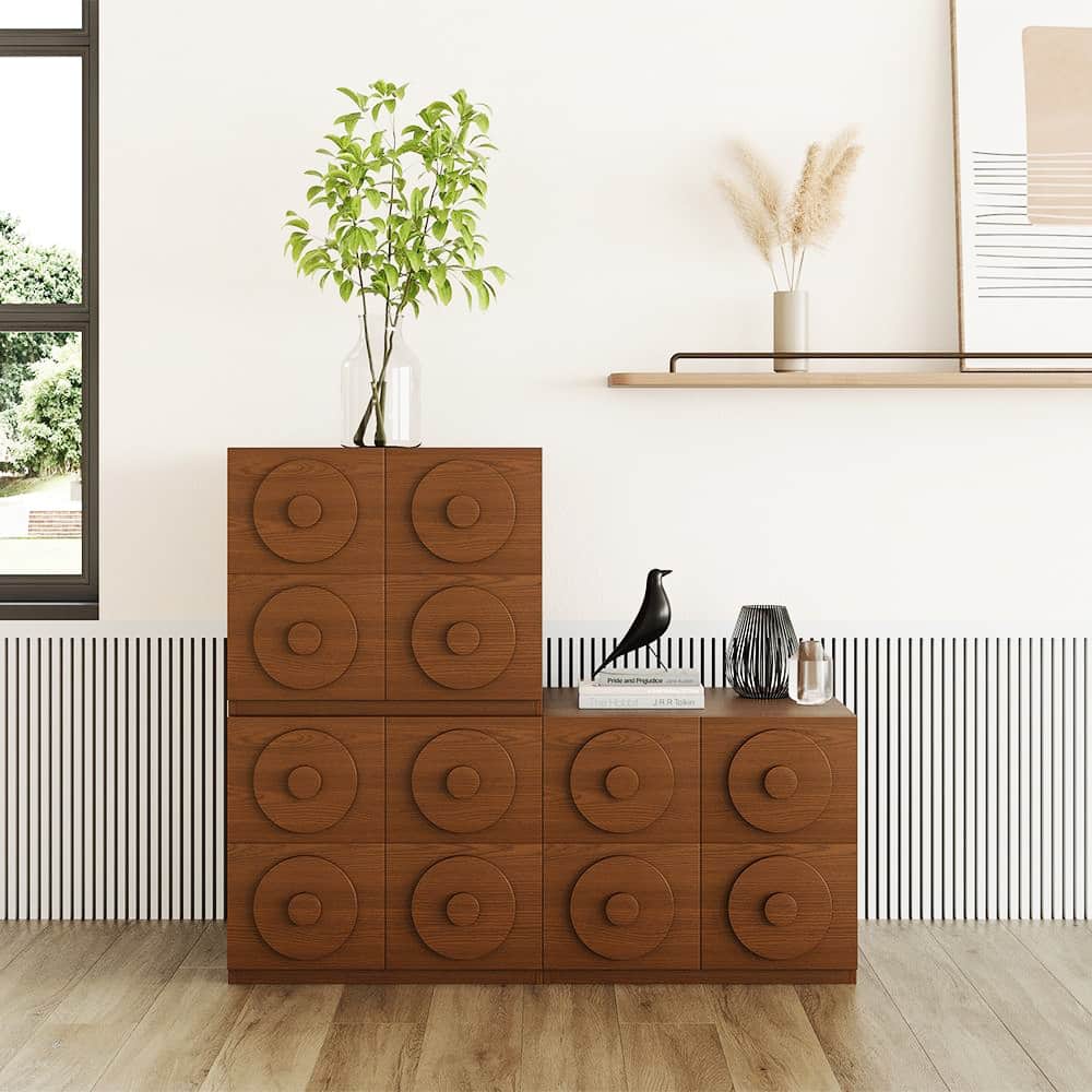 Modern 1-4 Pieces Modular Walnut Color Cabinets,TV Stands with Brown Solid Wood Veneer, Drawers & Caninets