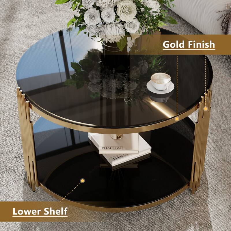 Modern 2-Tier Mirror Coffee Table with Asymmetrical Metal Legs, Round Metal Drum Base Cocktail Table