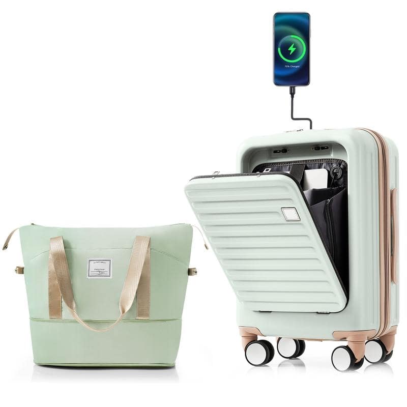 Front Opening 20-Inch Carry-On Luggage with Expandable Travel Bag Set - Green