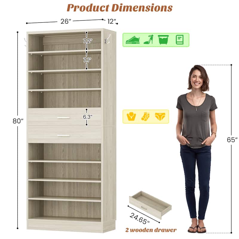 9-Tier Shoe Cabinet with 2 Drawers, Freestanding Closet Organizer with Adjustable Storage Shelves