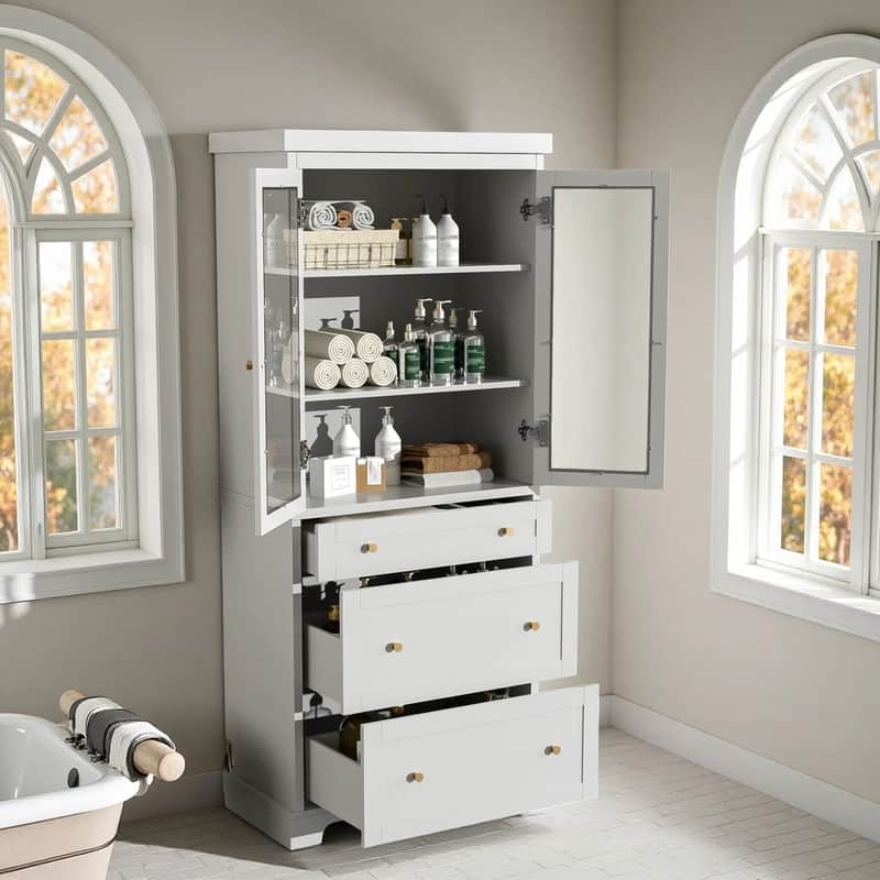 Tall Bathroom Storage Cabinet, Freestanding Cabinet with Glass Doors & Adjustable Shelves, Bathroom Pantry Cabinet with Drawers