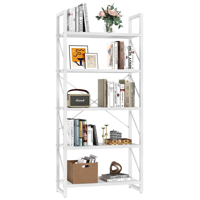 Moasis 62" Industrial Bookshelf, 5 Tier Rustic Wood Etagere Bookcase with Open Shelves - White