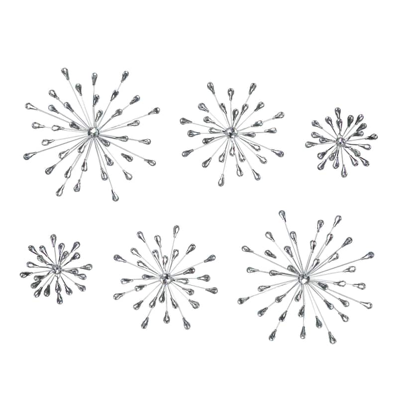 Set Of 6 Metal Silver Starburst Wall Sculptures - 12", 9", 6" Diameter