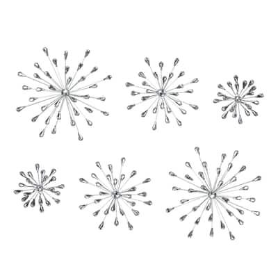 Set Of 6 Metal Silver Starburst Wall Sculptures - 12", 9", 6" Diameter