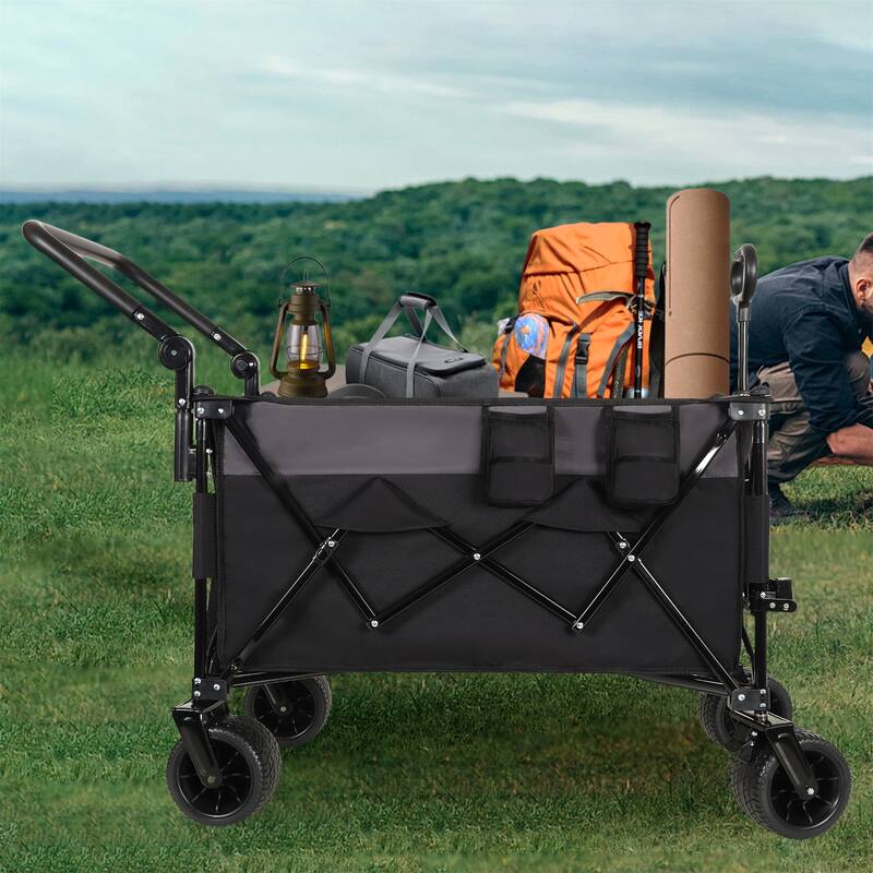 Push-Pull Folding Wagon Cart w/ Rotating Handle,360°All-Terrain Wheels
