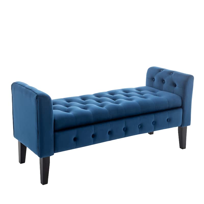 Porthos Home Brett Velvet Storage Bench with Rubberwood Legs - Blue