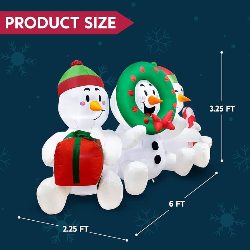 6 FT Long Christmas Inflatable Snowmen Outdoor Decoration, Three Sitting Snowmans with Build-in LEDs Blow Up Inflatables - White
