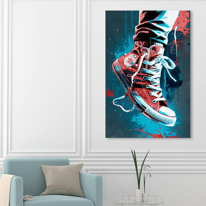 Wynwood Studio Fashion and Glam Blue and Red Street Sneakers Blue and Teal Modern & Contemporary Wall Art Canvas Print - 54 x 36