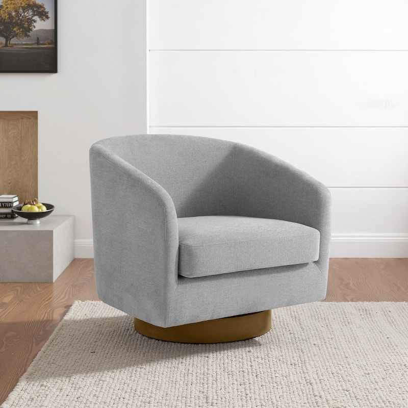 Faux Leather Wide Seat Swivel Barrel Chair - Single/Brown Base - Light Gray/Linen