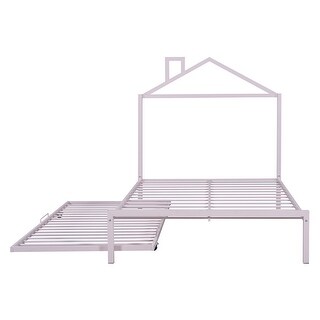 Full Metal Platform Bed with Twin Trundle, House-Shaped Headboard Design, Non-Noise Bedroom Low Bed Frame W/Support Slats, Pink
