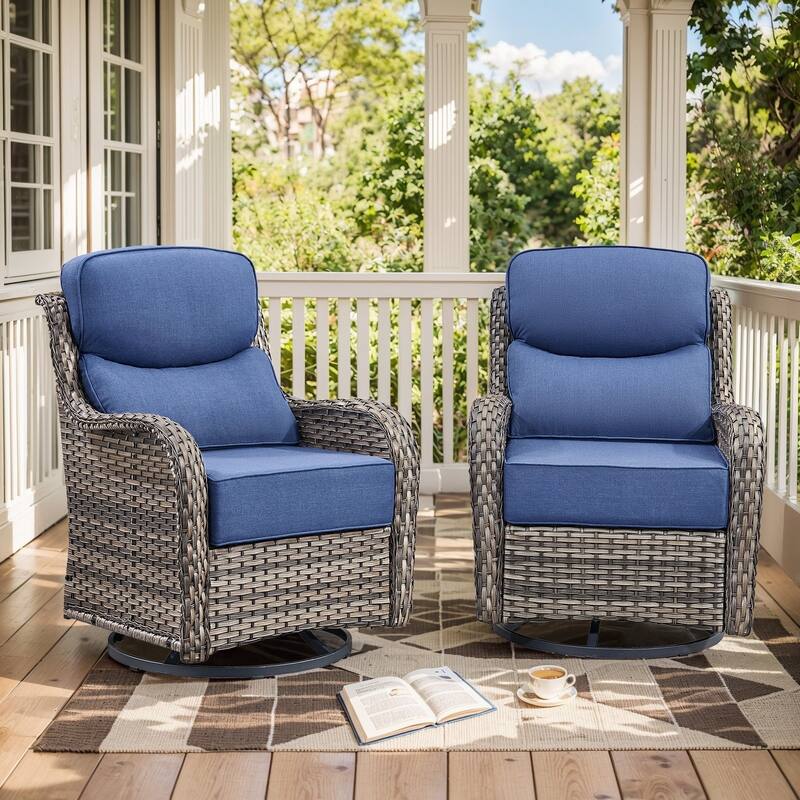 Outdoor Swivel Glider Rattan Chair Set - 2PCS Swivel Chair - Grey Rattan - Blue Cushion