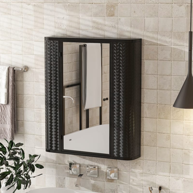 Wall-Mounted Bathroom Cabinet with Mirror, Metal Framed Mirrored Door Medicine Cabinet, 2 Inner Shelves for Storage - Antique Black