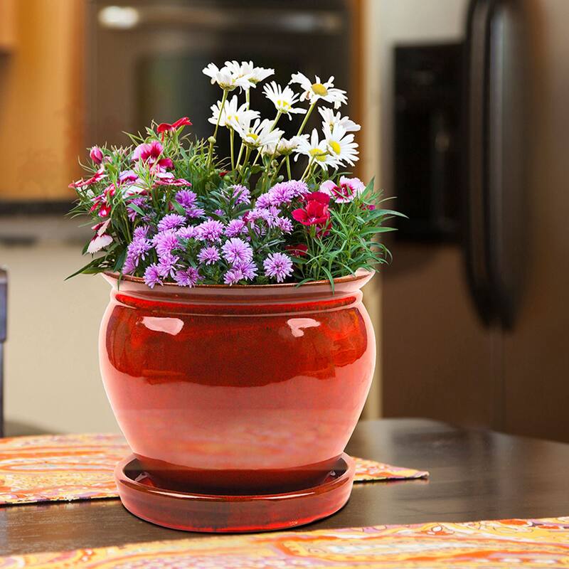 Southern Patio Wisteria 8" Round Ceramic Planter Pot with Saucer, Red (3 Pack) - 4.41