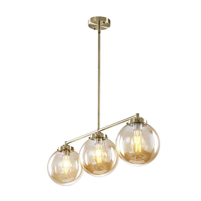 3-Light 33.46" Modern Gold & Antique Bronze Amber Glass Globe Linear Pendant - 33.46" W × 10.24" H × 7.87" D