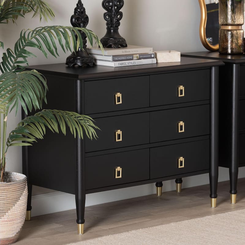 Tamra Black Wood Chest with Drawers - Bedroom Storage Unit with Metallic Accents, 6-Drawer Modern Transitional Bedroom Storage